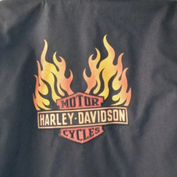 Harley-Davidson Black Canvas Jacket Flames Logo Size Large Zip Pockets - Picture 13 of 16